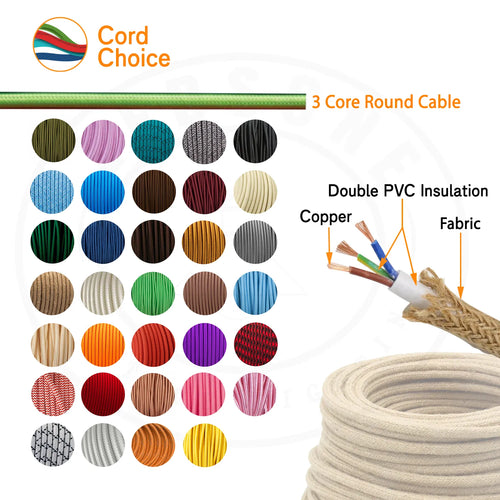 1M/5M/10M 3 Core Vintage Round Braided Ivory Fabric Lighting Cable~4538-1